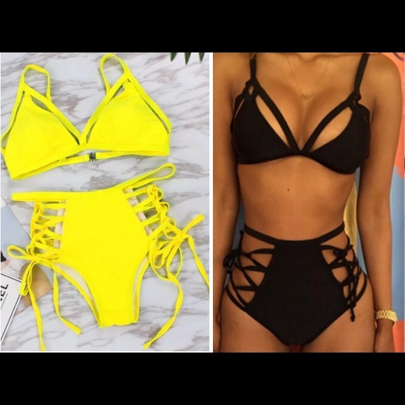 Yellow bikini swimsuit high waist monokini ties up - Picture 3 of 8